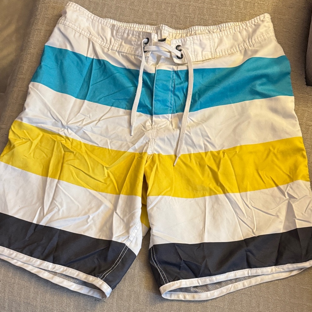 Old Navy Blue, Yellow, and Black Striped Board Shorts, XL
